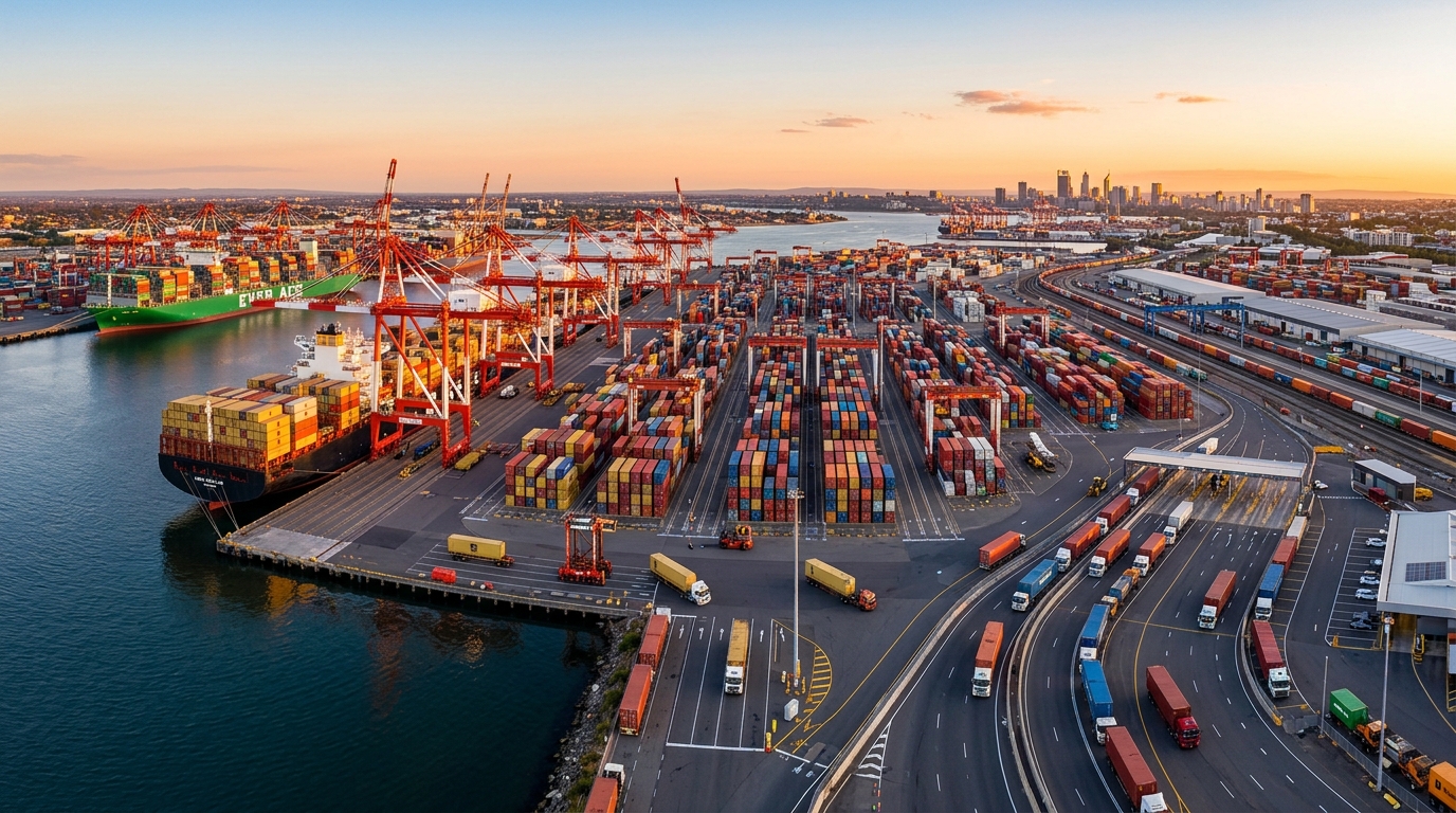 Commercial shipping container terminal and import export port logistics